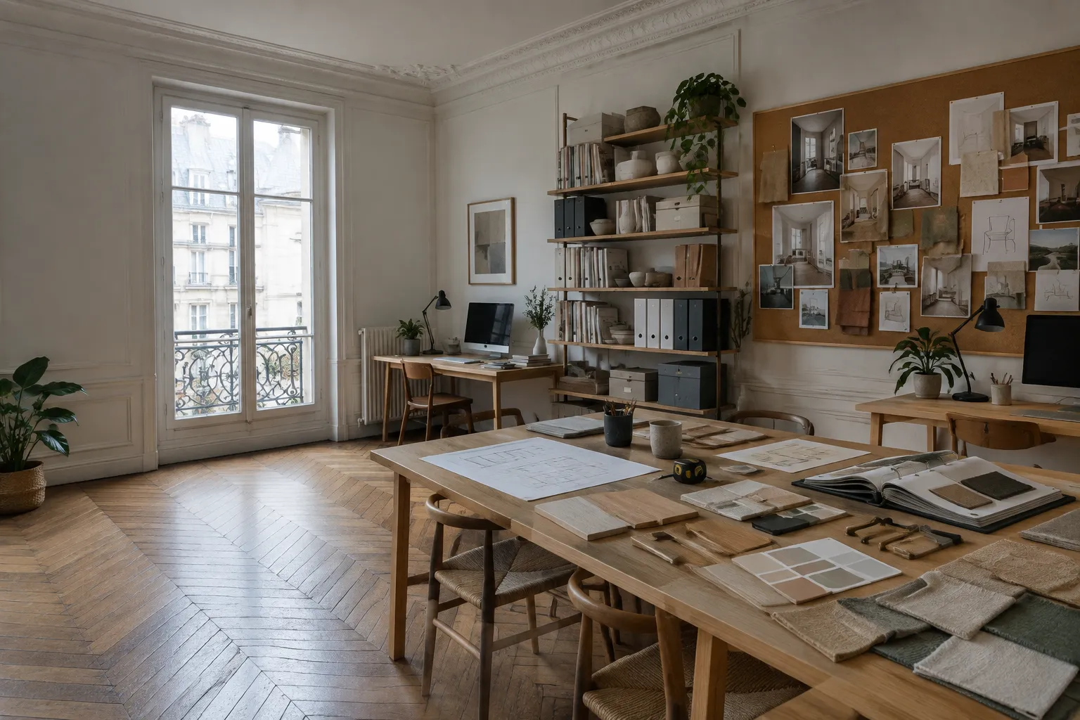 Studio Real Concept : table de conception, échantillons de matériaux et planches d'ambiance