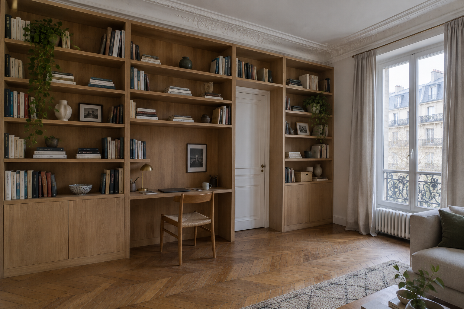 Bibliothèque et bureau sur-mesure en chêne intégrés dans un séjour haussmannien à moulures