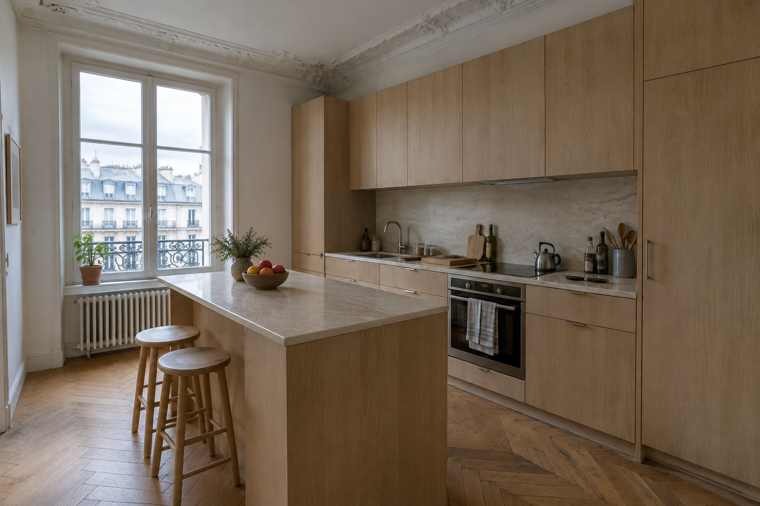 Cuisine ouverte sur-mesure en chêne avec îlot et plan de travail en pierre naturelle
