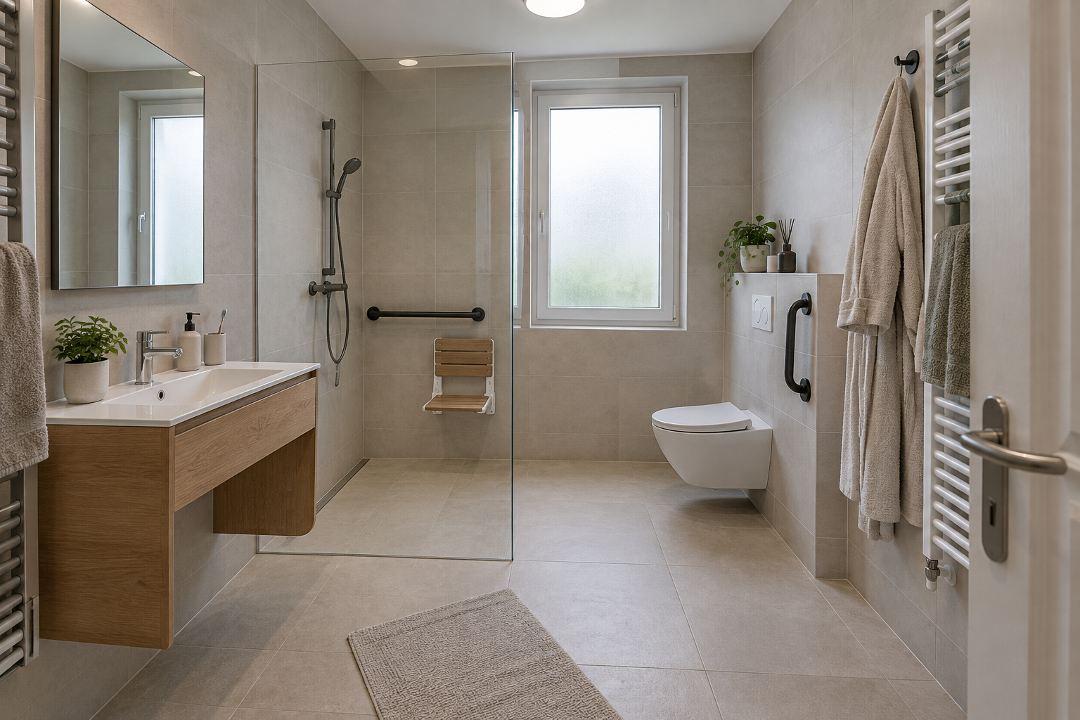 Salle de bain accessible avec douche de plain-pied, barre d'appui design et vasque suspendue