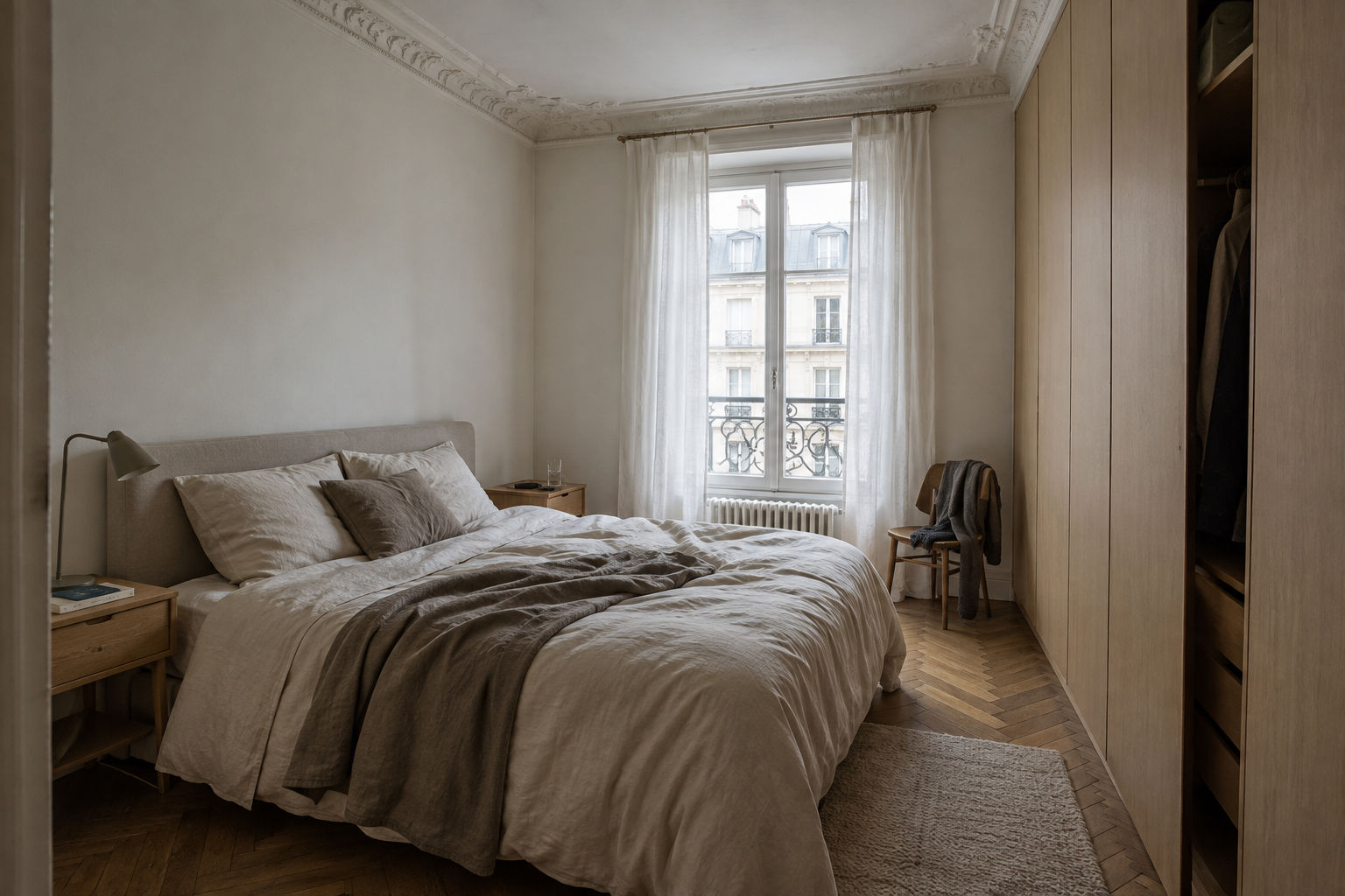 Suite parentale apaisante avec tête de lit sur-mesure, dressing intégré et lumière douce