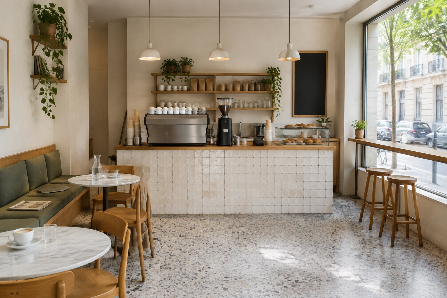Coffee shop lumineux avec comptoir carrelé, étagères en bois et tables bistrot