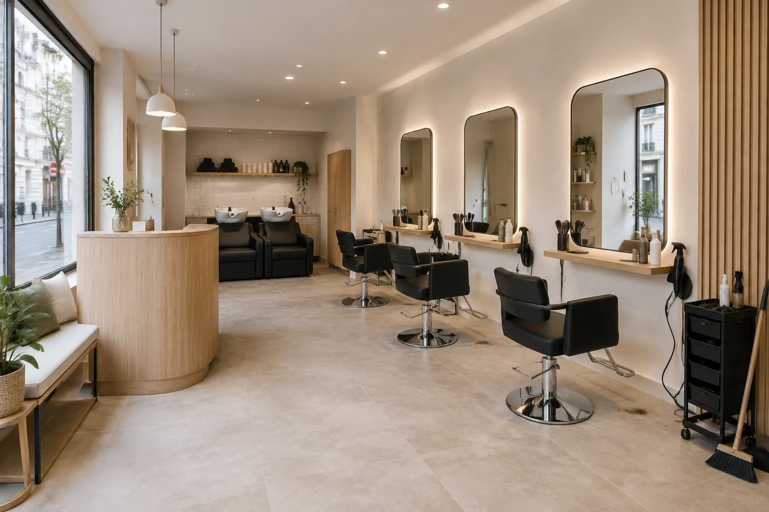 Salon de coiffure avec postes face aux miroirs, bacs à shampoing et accueil en bois clair