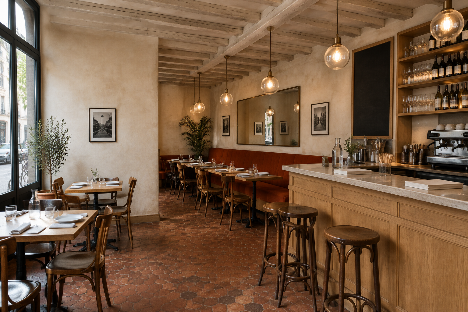 Salle de restaurant chaleureuse avec banquettes, comptoir en bois et éclairage suspendu