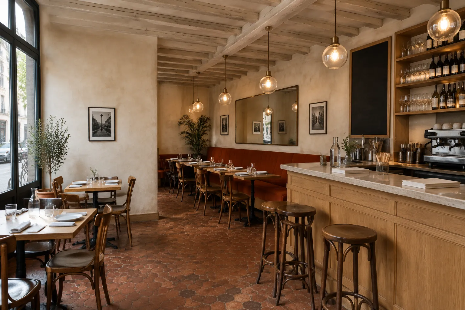 Salle de restaurant chaleureuse aménagée par un architecte d'intérieur