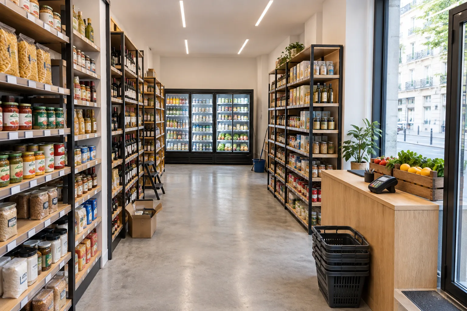 Petite supérette de quartier moderne avec rayonnages en bois, éclairage clair et caisse à l'entrée
