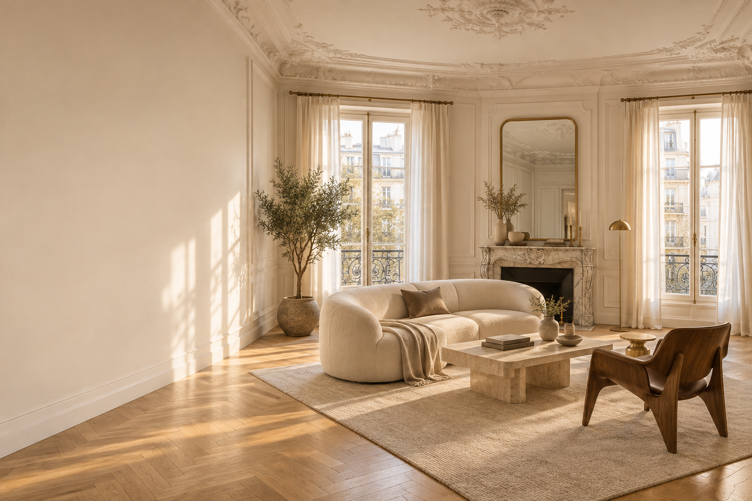 Séjour haussmannien contemporain aux tons chauds, moulures et mobilier sur-mesure