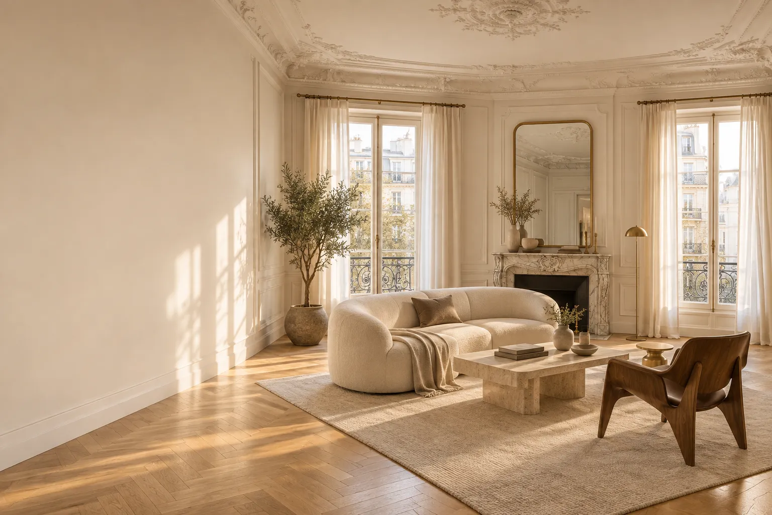 Séjour haussmannien contemporain aux tons chauds