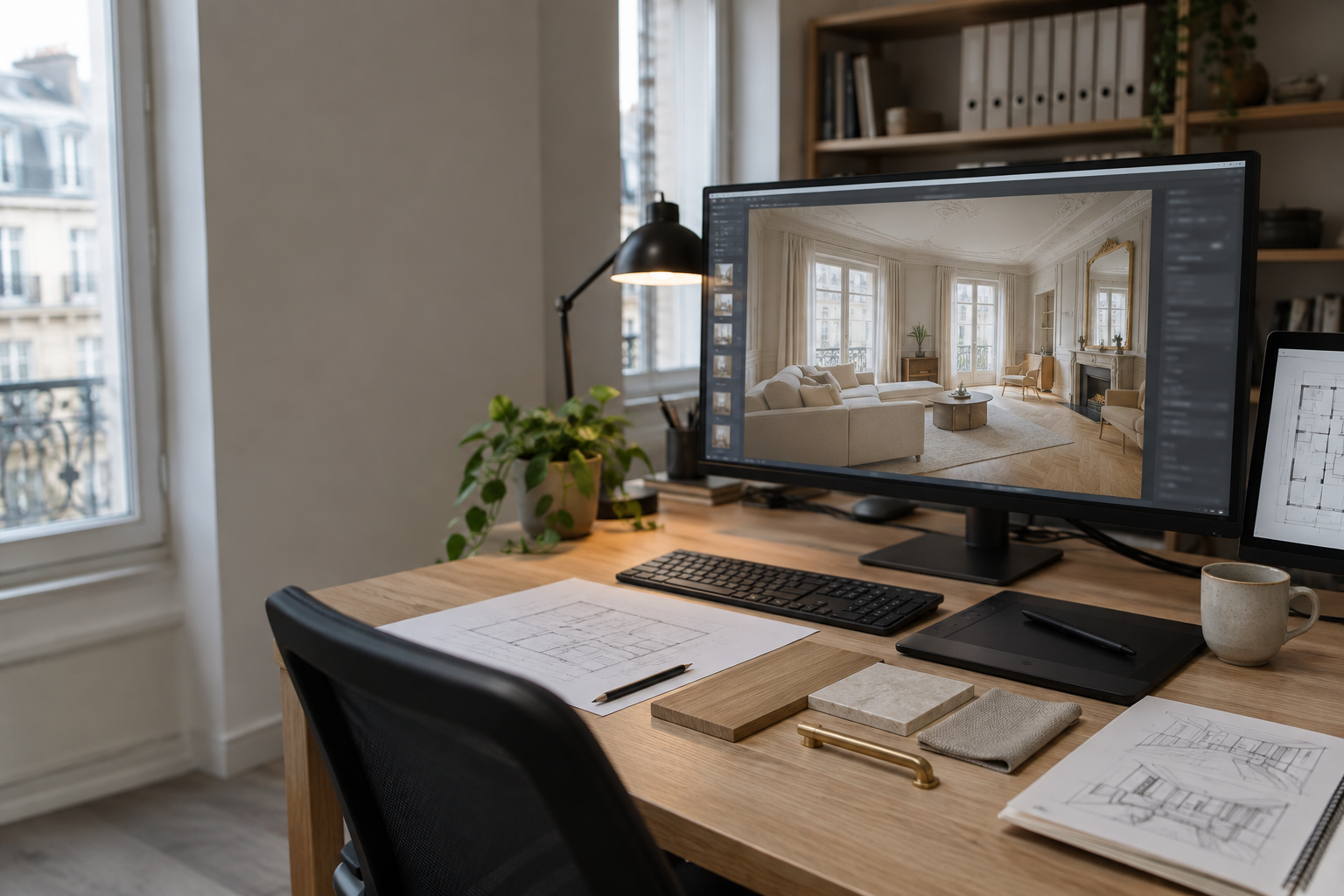 Écran affichant un rendu 3D photoréaliste d'un intérieur dans un studio de conception