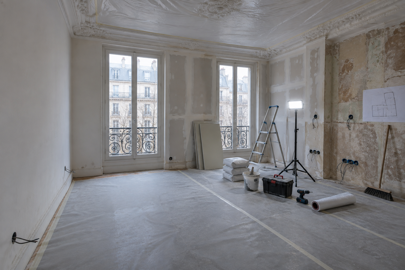 Appartement parisien en cours de rénovation, chantier propre et organisé