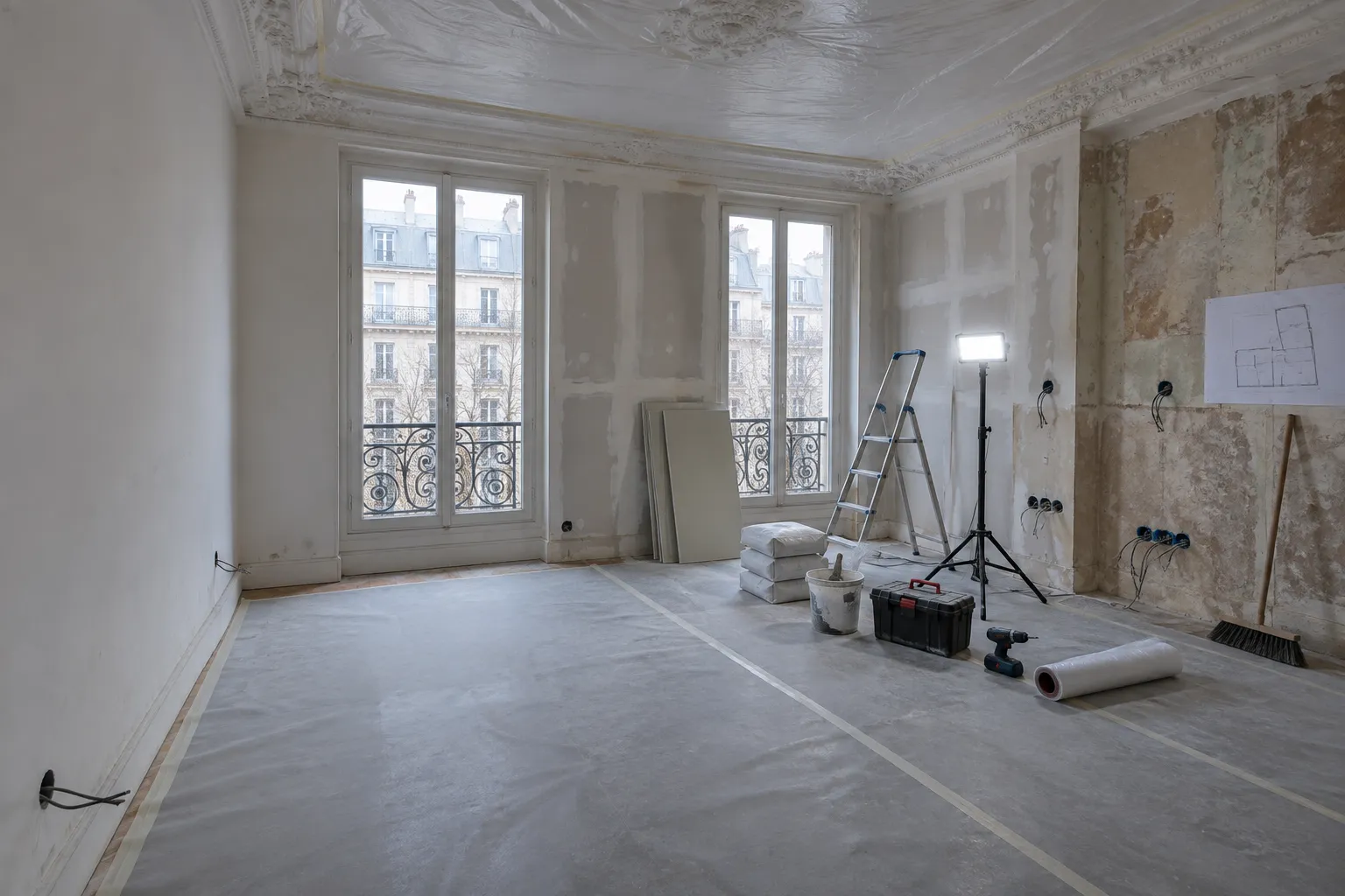 Appartement parisien en cours de rénovation, chantier propre et organisé