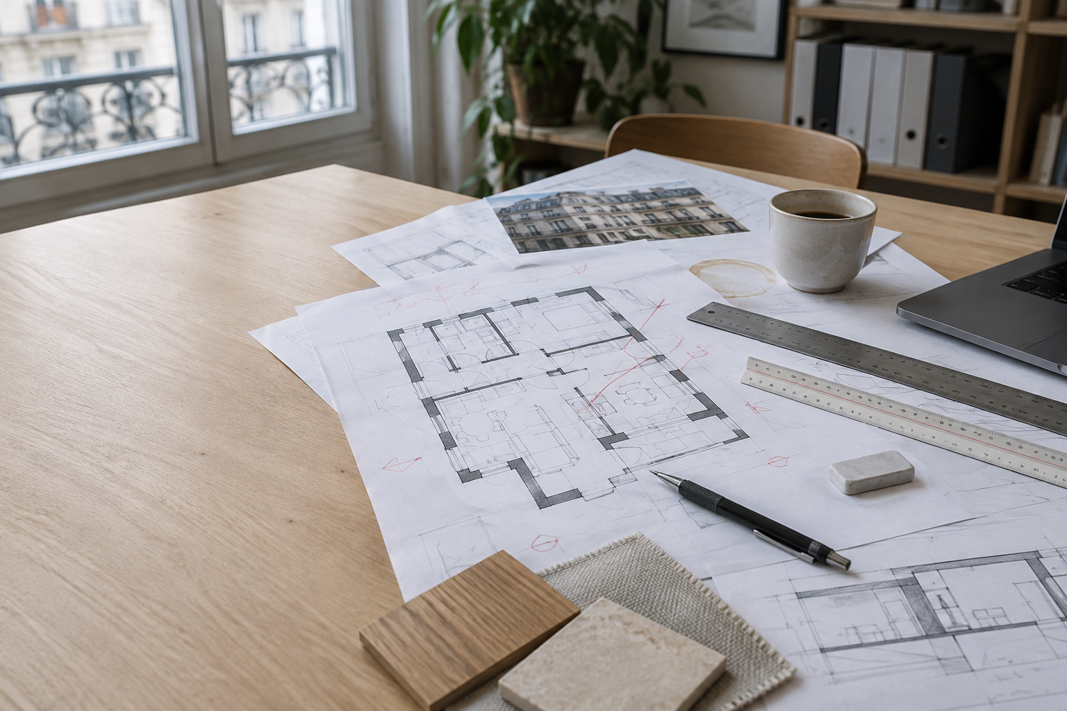 Plans d'architecte, coupes et échantillons de matériaux sur une table de travail