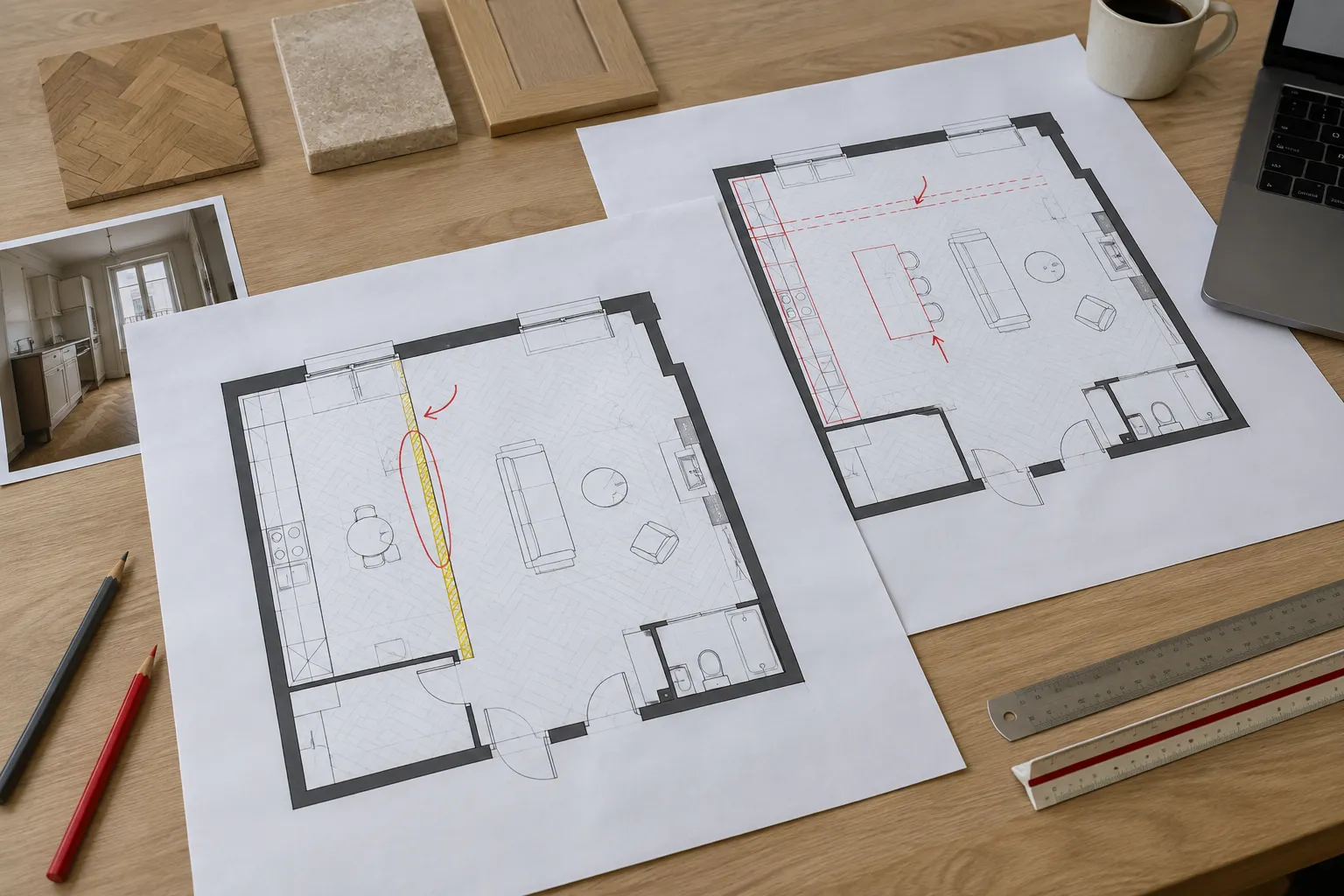 Plans d'architecte d'un appartement haussmannien posés sur une table
