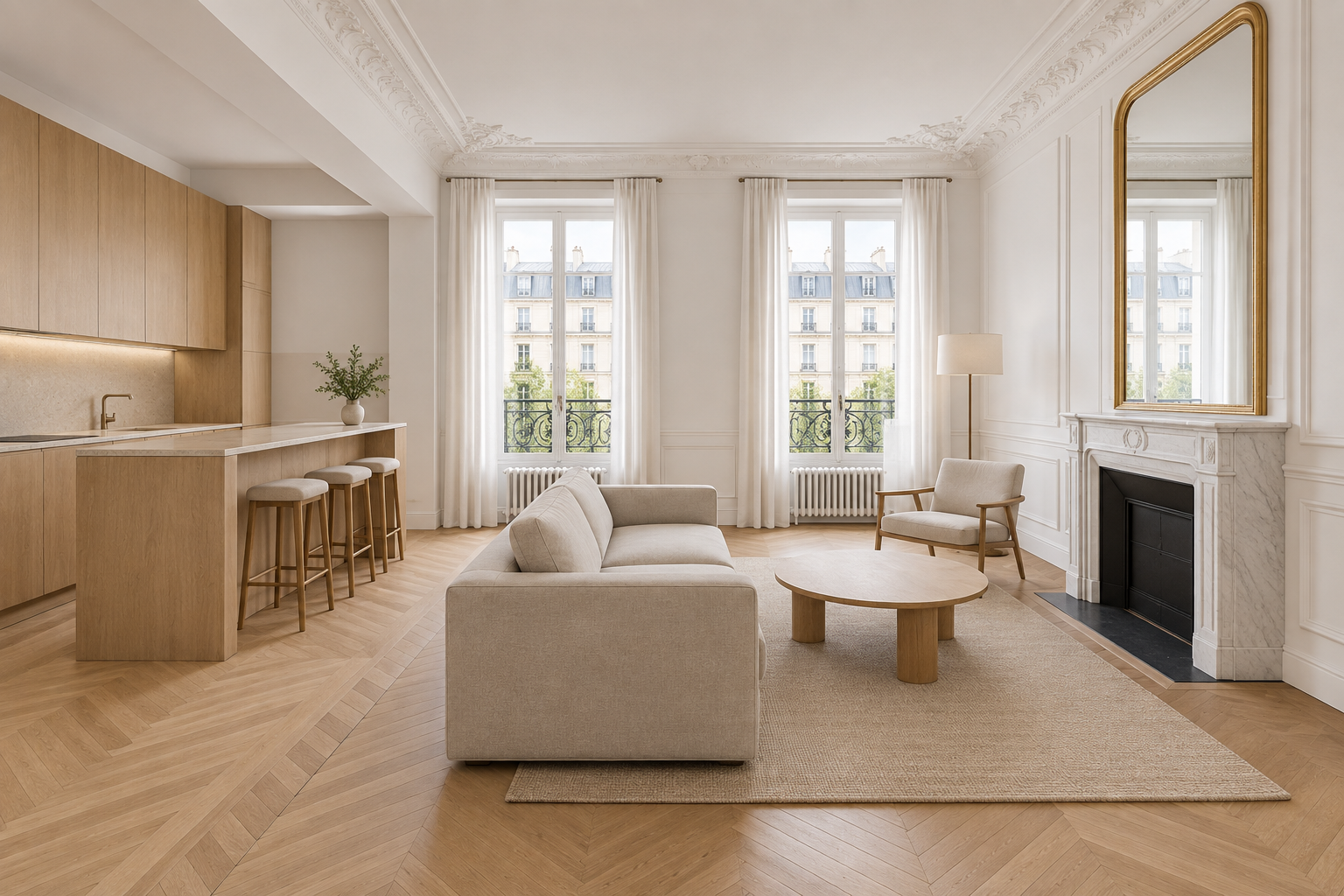 Rendu 3D du séjour d'un appartement haussmannien rénové