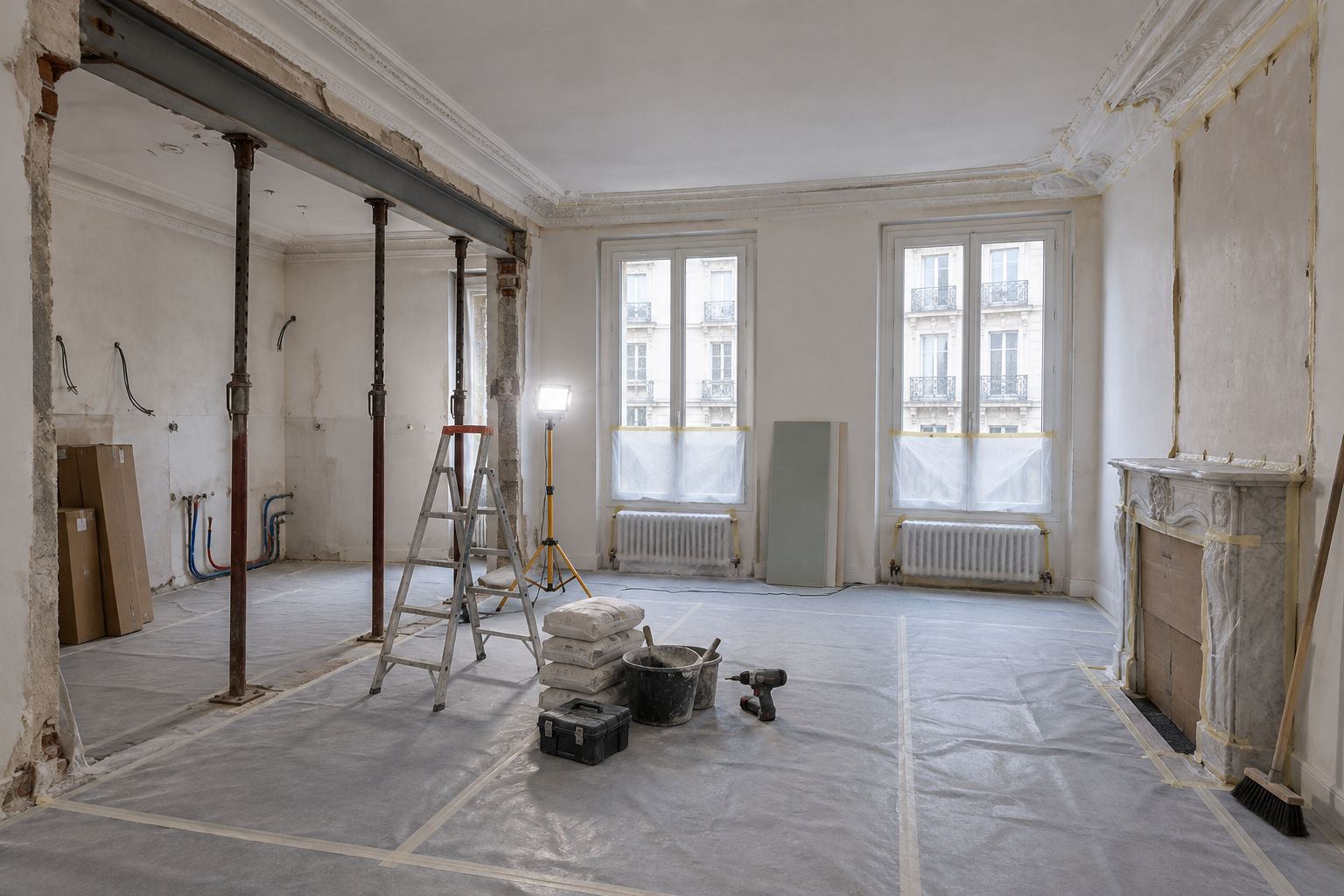 Séjour d'un appartement haussmannien pendant les travaux de rénovation