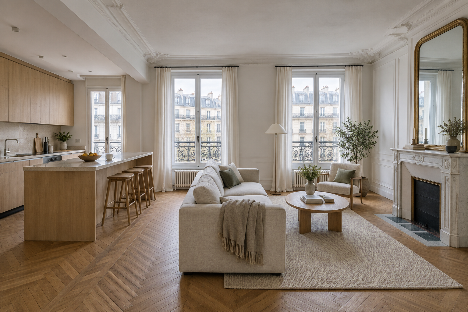 Séjour d'un appartement haussmannien après rénovation