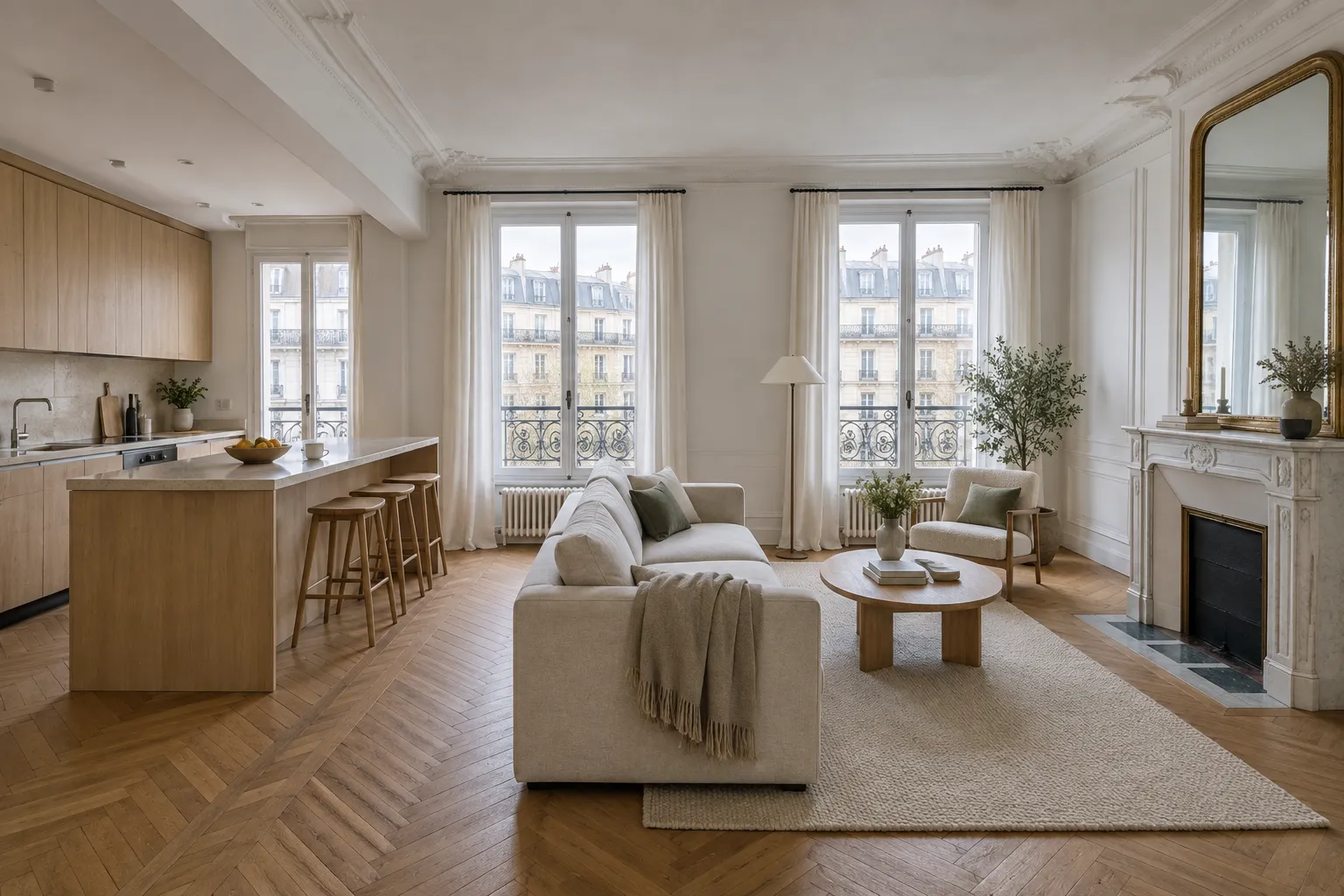 Séjour d'un appartement haussmannien après rénovation