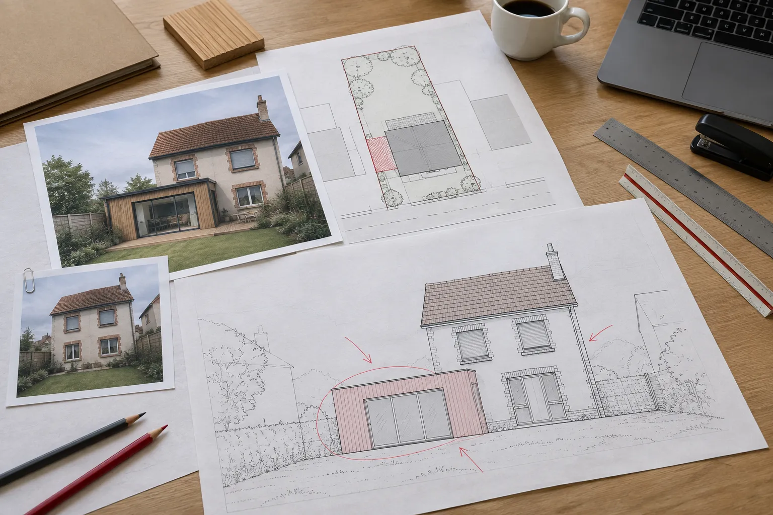 Plans et façades d'une maison individuelle pour un permis de construire