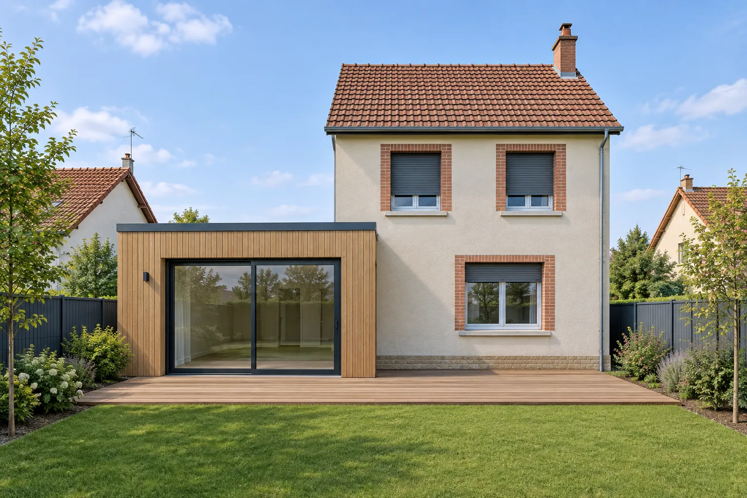 Rendu 3D d'une maison individuelle rénovée avec extension