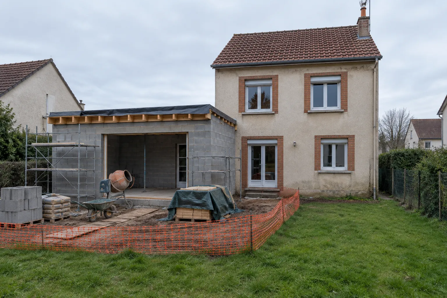 Maison individuelle pendant les travaux d'extension et de rénovation